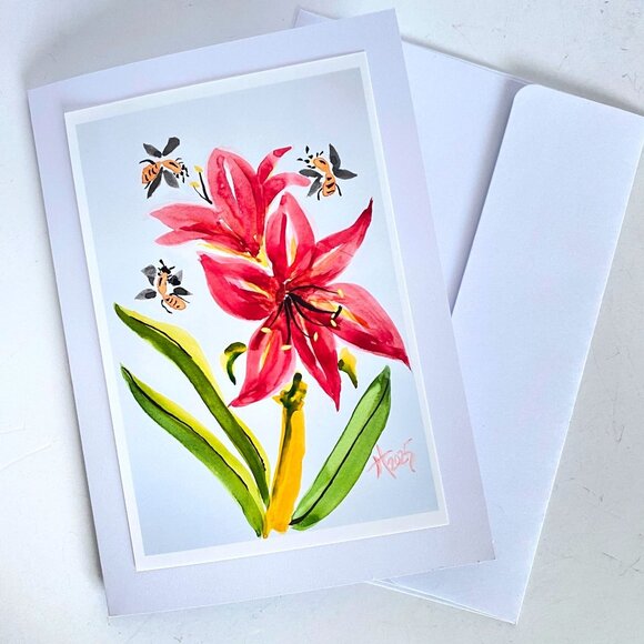 Amaryllis and Bees Art Print 5x7in Blank Greeting Card and Envelope All Occasion - Picture 4 of 4